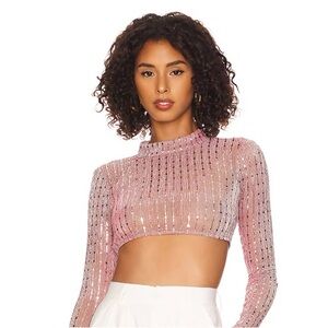 Superdown Sia pink sequin crop top long sleeve